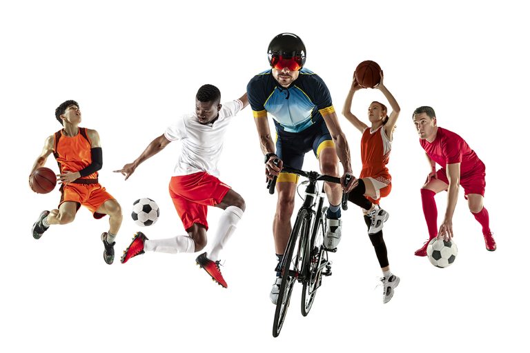 Collage of different professional sportsmen, fit people in action and motion isolated on white background. Flyer. Concept of sport, achievements, competition, championship. Volleyball, basketball, golf